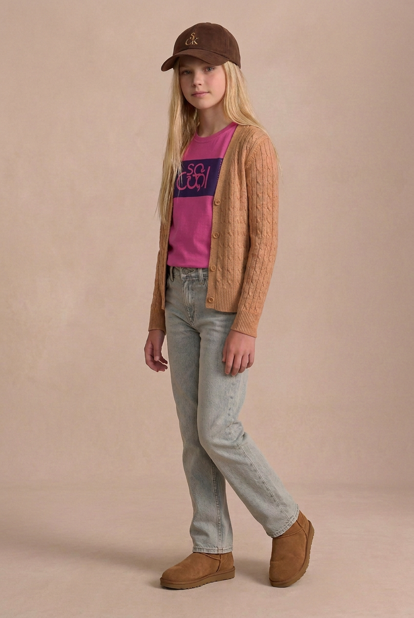 Model with the cardigan drawn closer over the tee’s small vertical lettering
