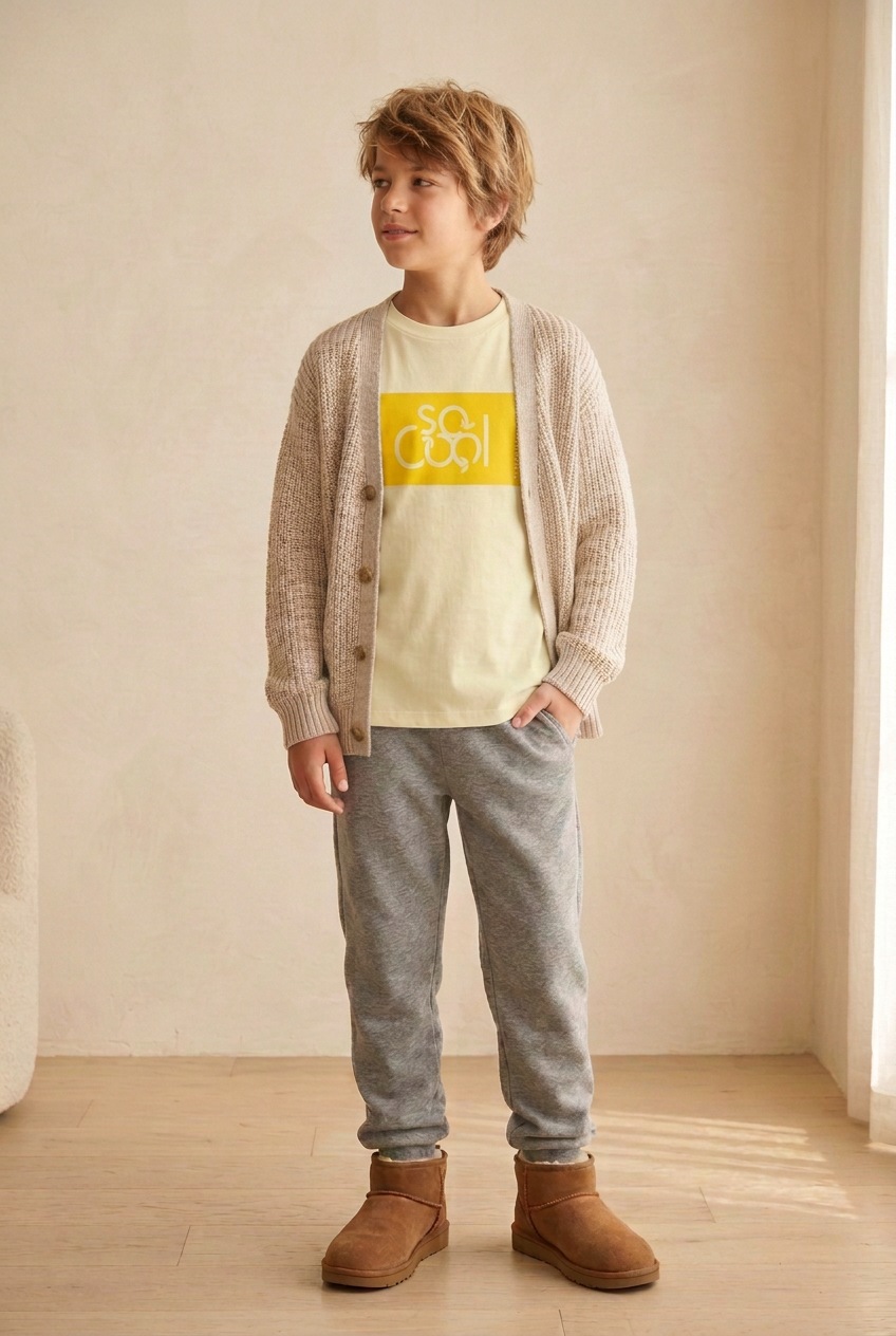 Boy in the yellow logo tee with the cardigan shifted slightly over the small side lettering