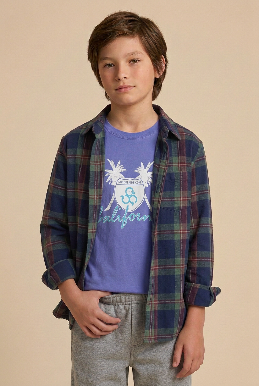 Boy’s outfit revised using the merchant-confirmed periwinkle California tee reference