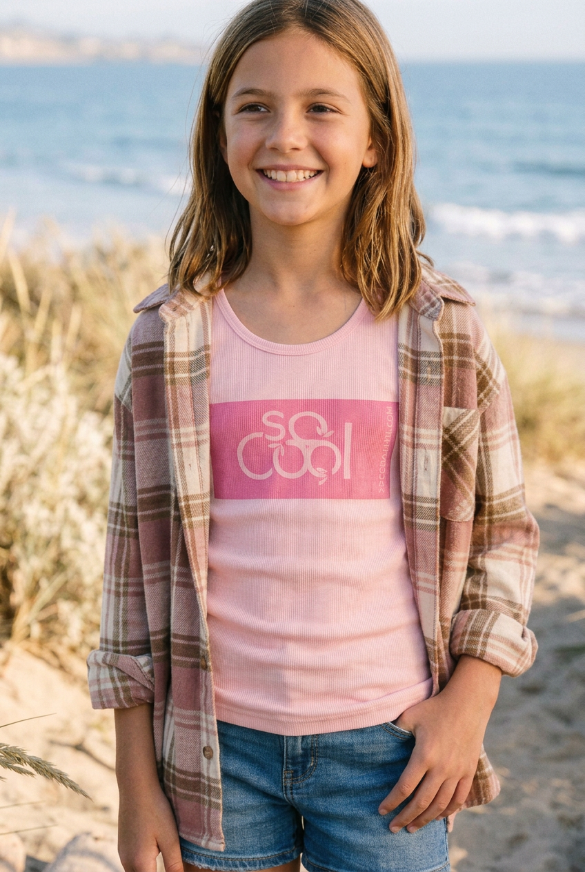 Closer framing of the model wearing the pink tank and open flannel