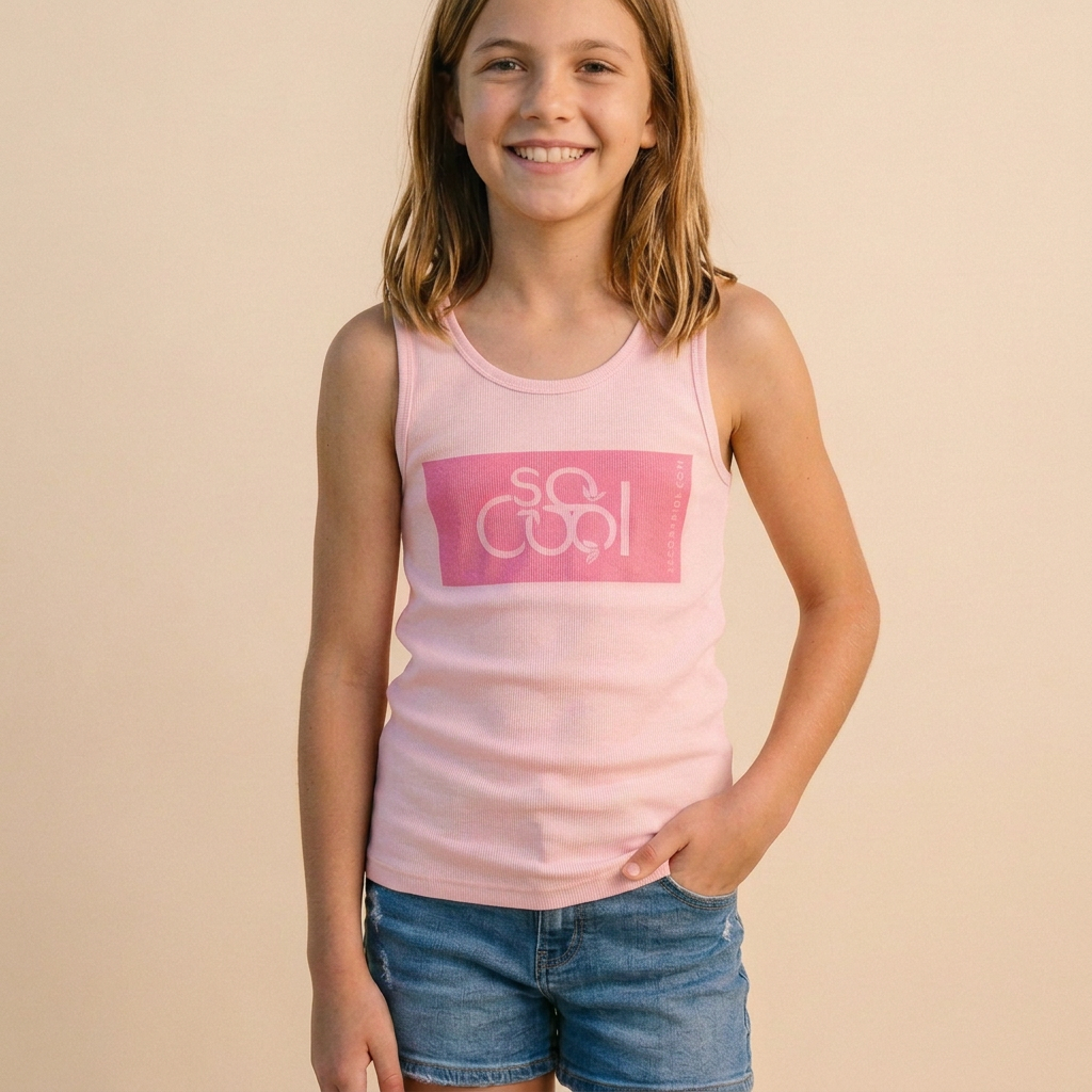 Pink tank portrait cropped at the shorts’ hem