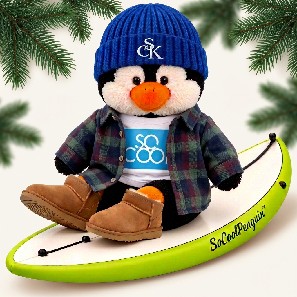 SoCoolPenguin in flannel with subtle holiday evergreens in the background
