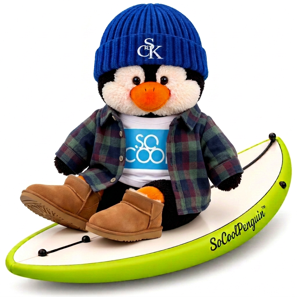 SoCoolPenguin wearing an open plaid flannel, blue beanie and chestnut boots